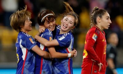 Hinata Miyazawa (centre left) celebrates with her teammates after scoring Japan’s third goal.