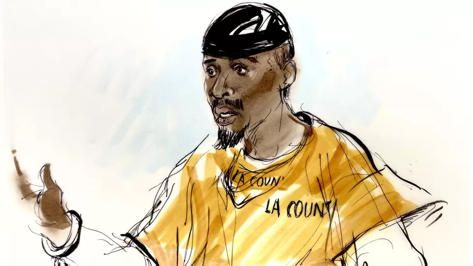 A court sketch of Tory Lanez during his sentencing on Tuesday