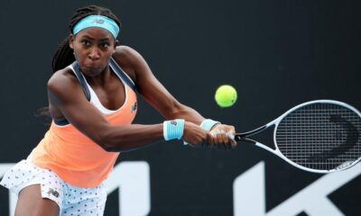 Coco Gauff lines up a backhand