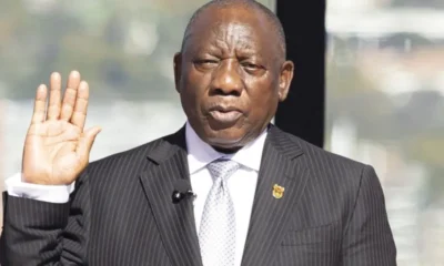 EPA South Africa's Cyril Ramaphosa takes the oath of office for his second term as South African President at the Union Buildings in Pretoria on June 19, 2024.