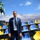 Andriy Shevchenko, Ukrainian football association president, in front of an installation of bombed stadium seats taken from Kharkiv and displayed in Munich, Germany, for the UEFA Euro 2024 match between Romania and Ukraine.