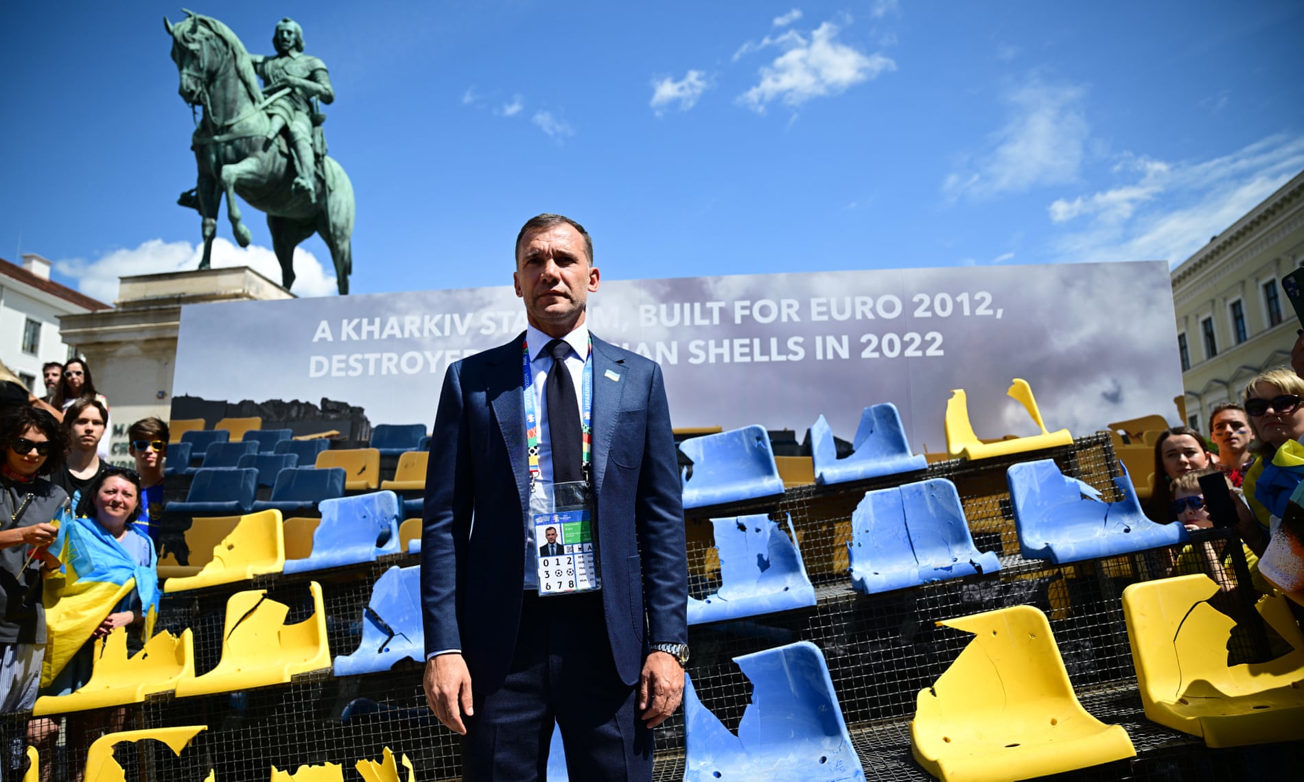 Andriy Shevchenko, Ukrainian football association president, in front of an installation of bombed stadium seats taken from Kharkiv and displayed in Munich, Germany, for the UEFA Euro 2024 match between Romania and Ukraine.